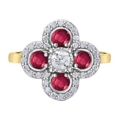 10K Yellow & Gold Ruby Canadian Diamond Cluster Ring