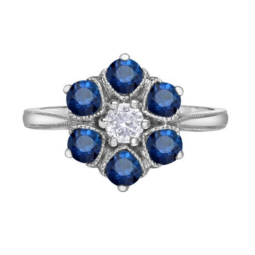 10K White Gold Sapphire & Canadian Diamond Cluster Ring