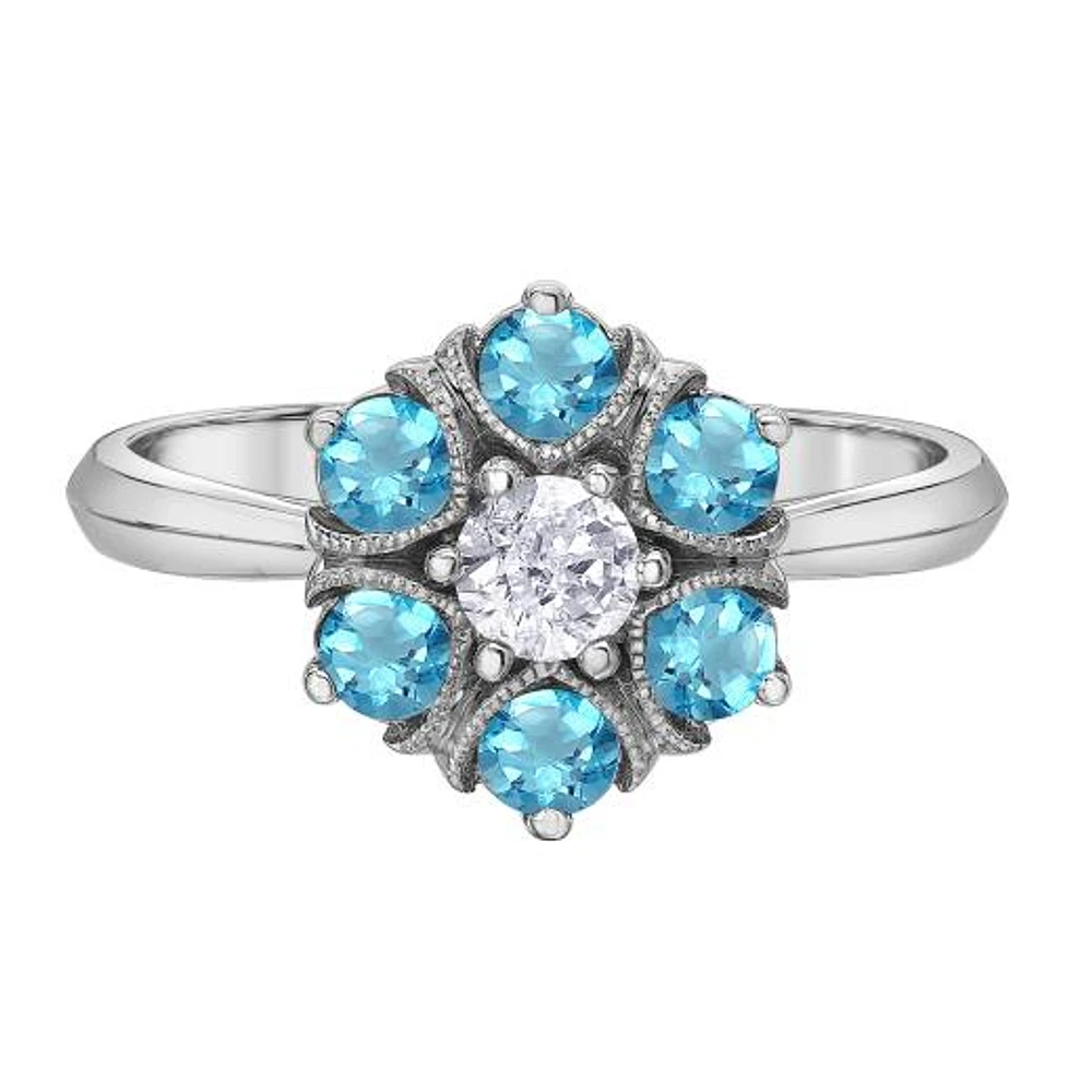 10K White Gold Blue Topaz & Canadian Diamond Cluster Ring