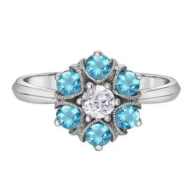 10K White Gold Blue Topaz & Canadian Diamond Cluster Ring