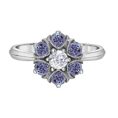 10K White Gold Tanzanite & Canadian Diamond Cluster Ring