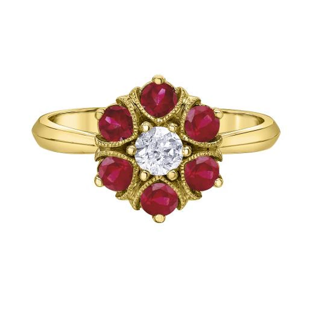 10K Yellow Gold Ruby & Canadian Diamond Cluster Ring