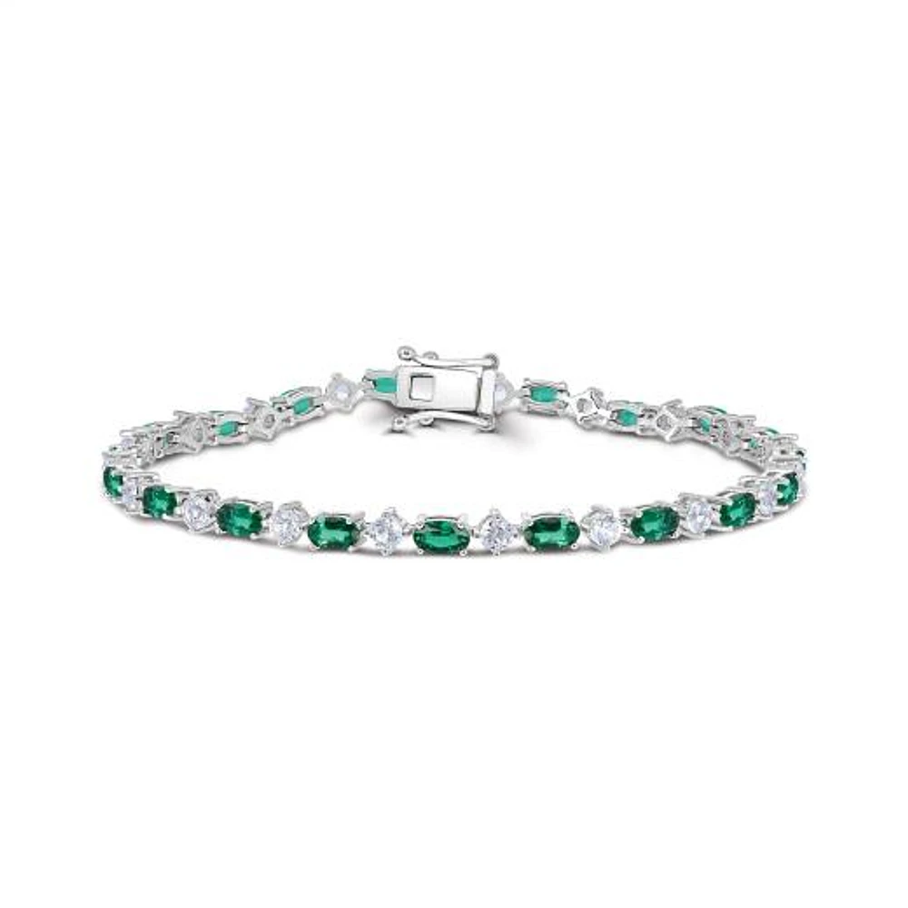 Sterling Silver Created Emerald & Created White Sapphire 7.25" Bracelet