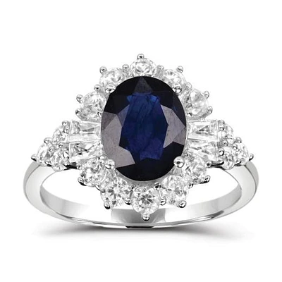 Sterling Silver Blue Sapphire & White Zircon Halo Ring