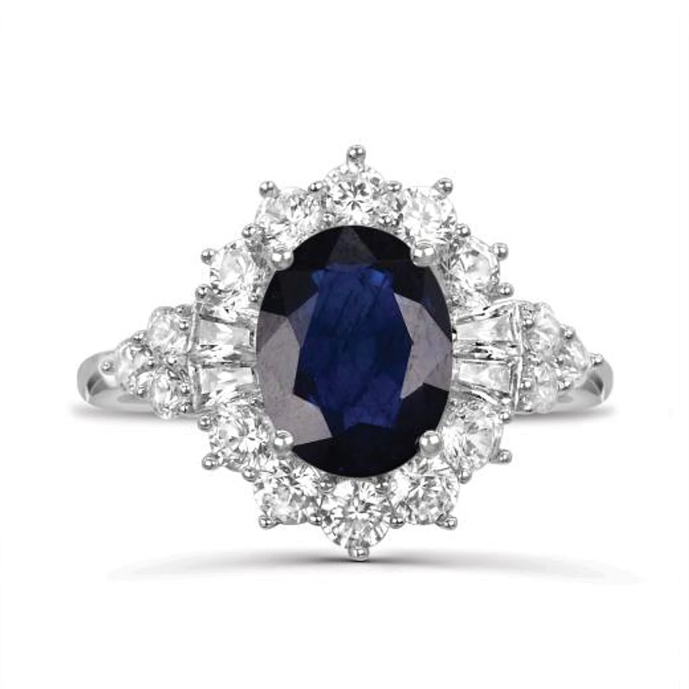 Sterling Silver Blue Sapphire & White Zircon Halo Ring