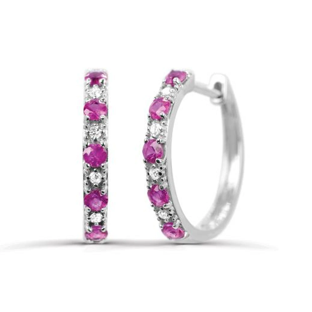 10K White Gold Ruby & Diamond Hoop Earrings