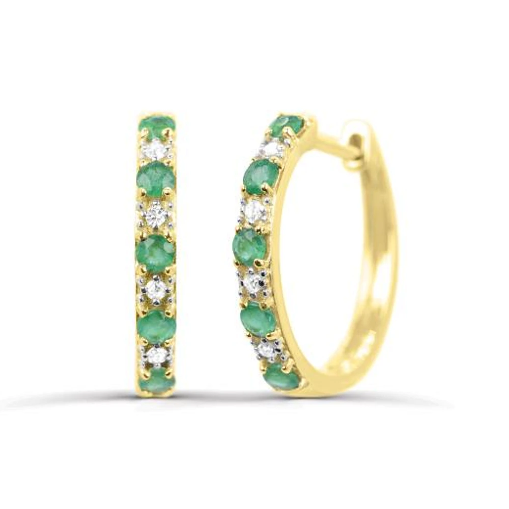 10K Yellow Gold Emerald & Diamond Hoop Earrings