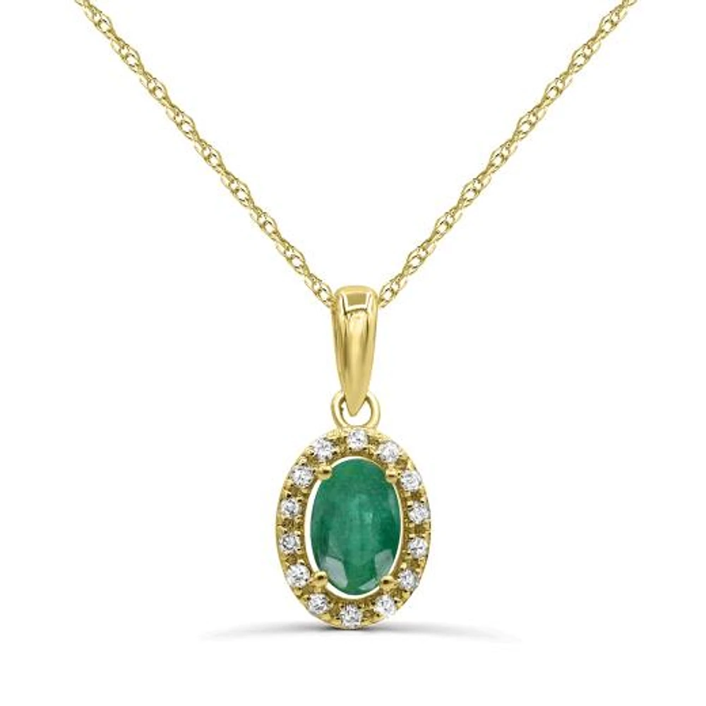 10K Yellow Gold Emerald & Diamond Halo 18" Pendant