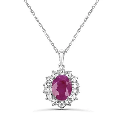 10K White Gold Ruby & Lab Grown Diamond Halo Pendant 18