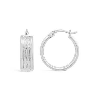 10K White Gold Hammered Diamond Cut Hoop Earrings