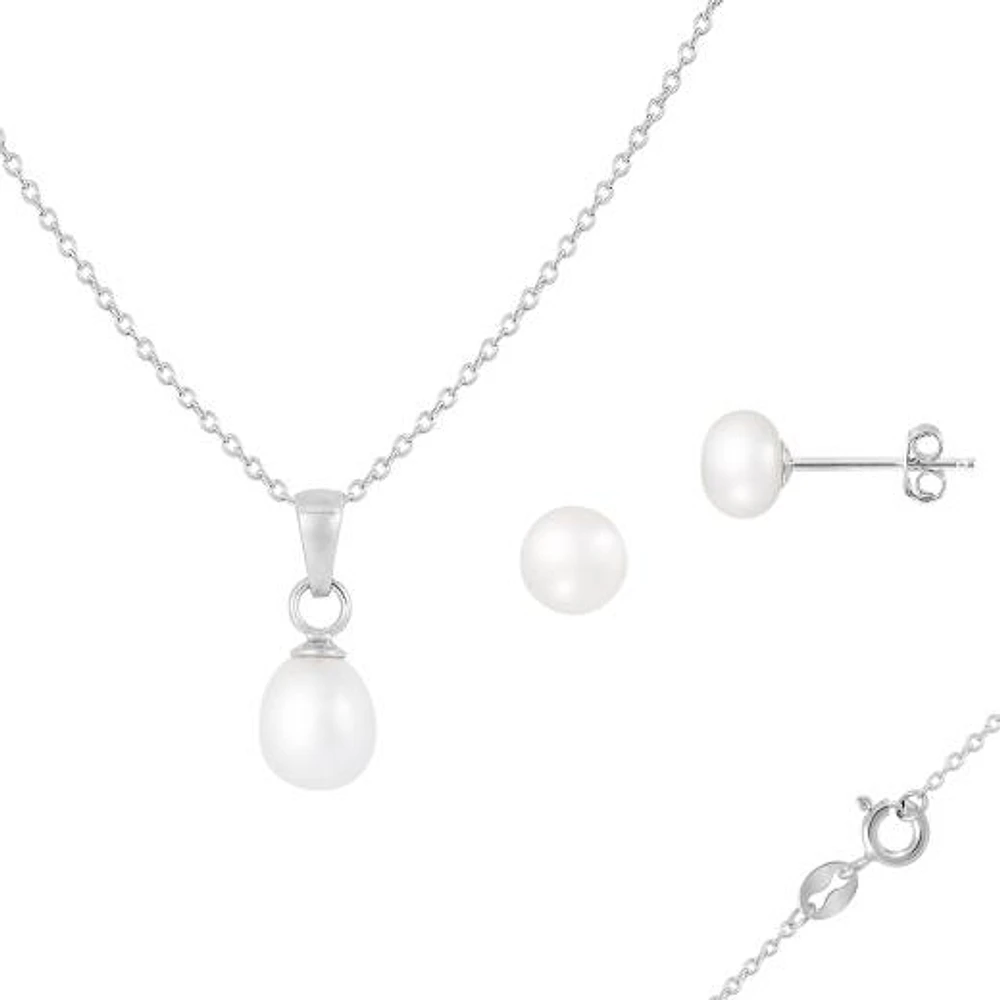 Sterling Silver 6-7mm 18" White Freshwater Pearl Pendant & Earring Set