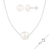 Sterling Silver 8-9mm 18" White Freshwater Pearl Pendant & Earring Set