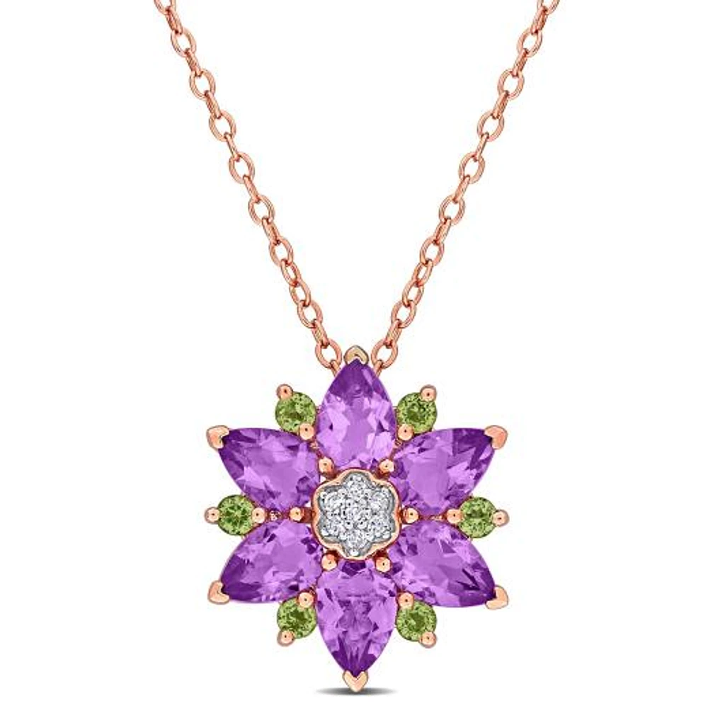 Julianna B Rose Plated Sterling Silver Amethyst Peridot & Diamond Pendant