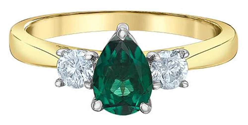 14K Yellow Gold Created Emerald & Lab Grown 0.30CTW Diamond Ring