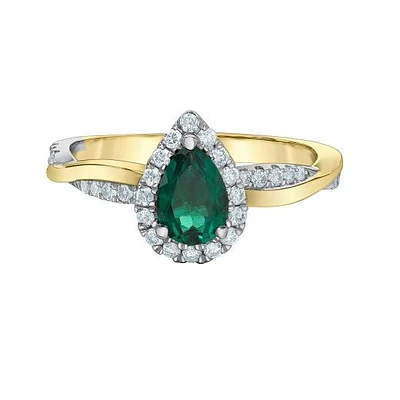 14K Yellow Gold Created Emerald & Lab Grown 0.33CTW Diamond Ring