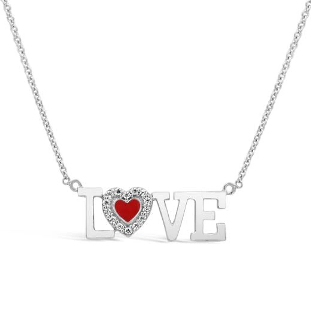 Diamond Love Pendant with Red Heart in Sterling Silver