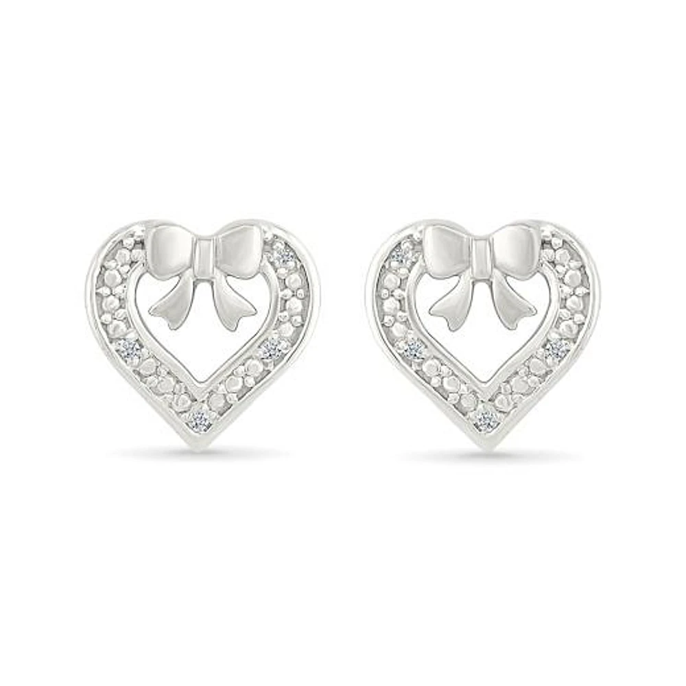 Diamond Heart & Bow Stud Earrings in Sterling Silver