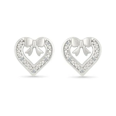 Diamond Heart & Bow Stud Earrings in Sterling Silver