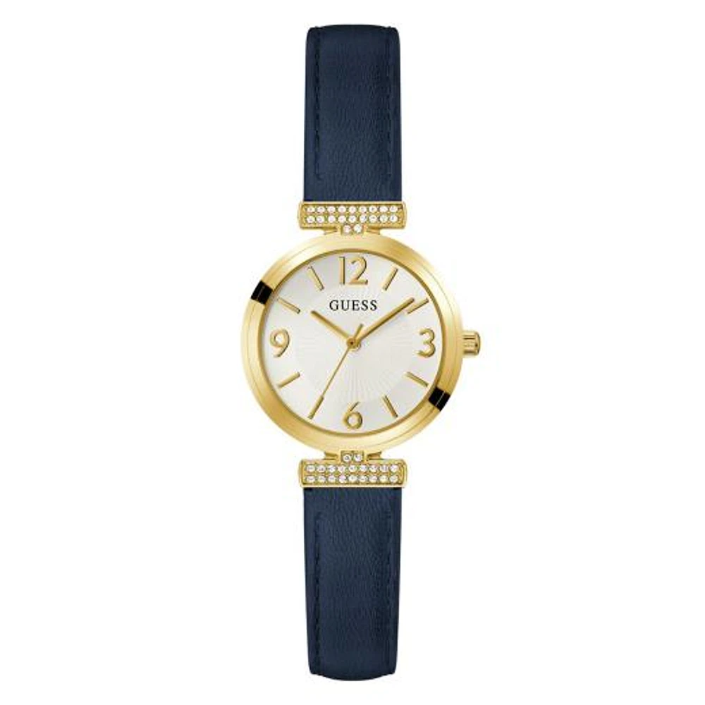 Guess Women's Gold Tone Blue Strap Crystal Array Watch