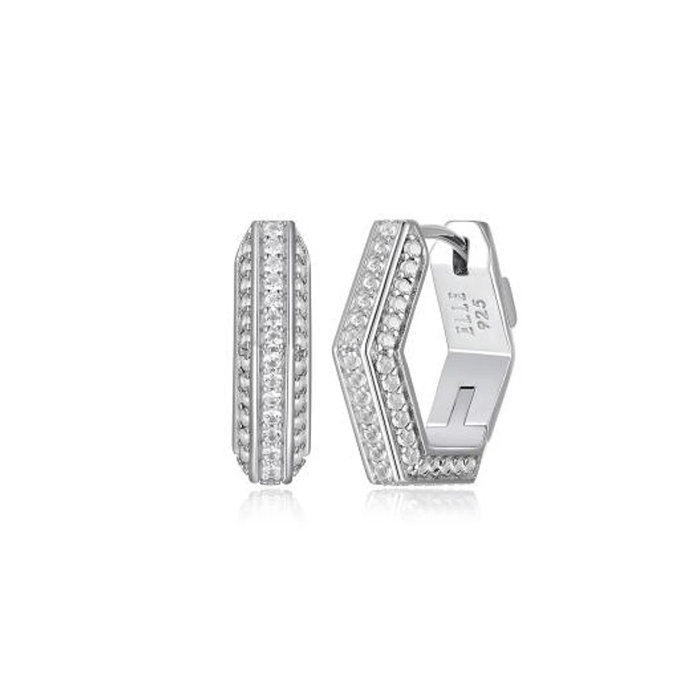 ELLE "Cheer" Rhodium Plated White Sapphire Hexagon Hoop Earrings