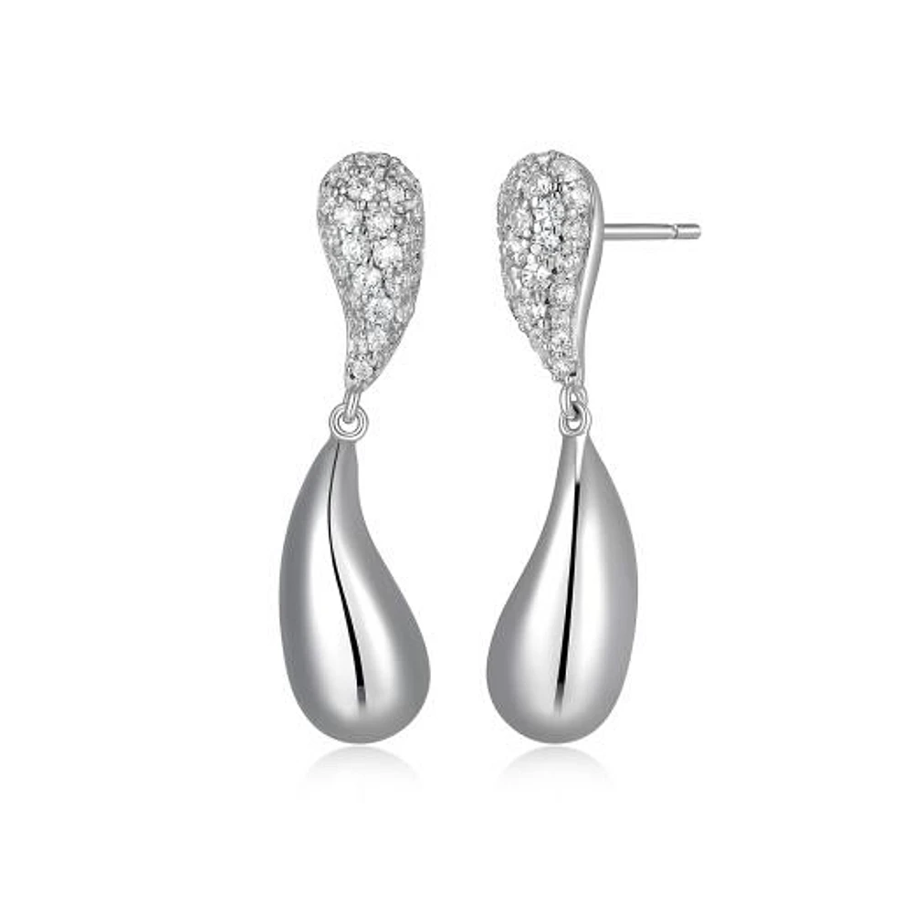 ELLE "Raindrop" Rhodium Plated Cubic Zirconia & Polish Drop Stud Earrings