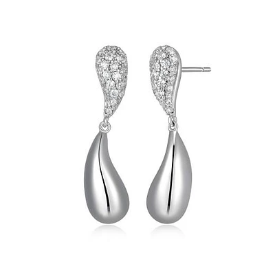 ELLE "Raindrop" Rhodium Plated Cubic Zirconia & Polish Drop Stud Earrings