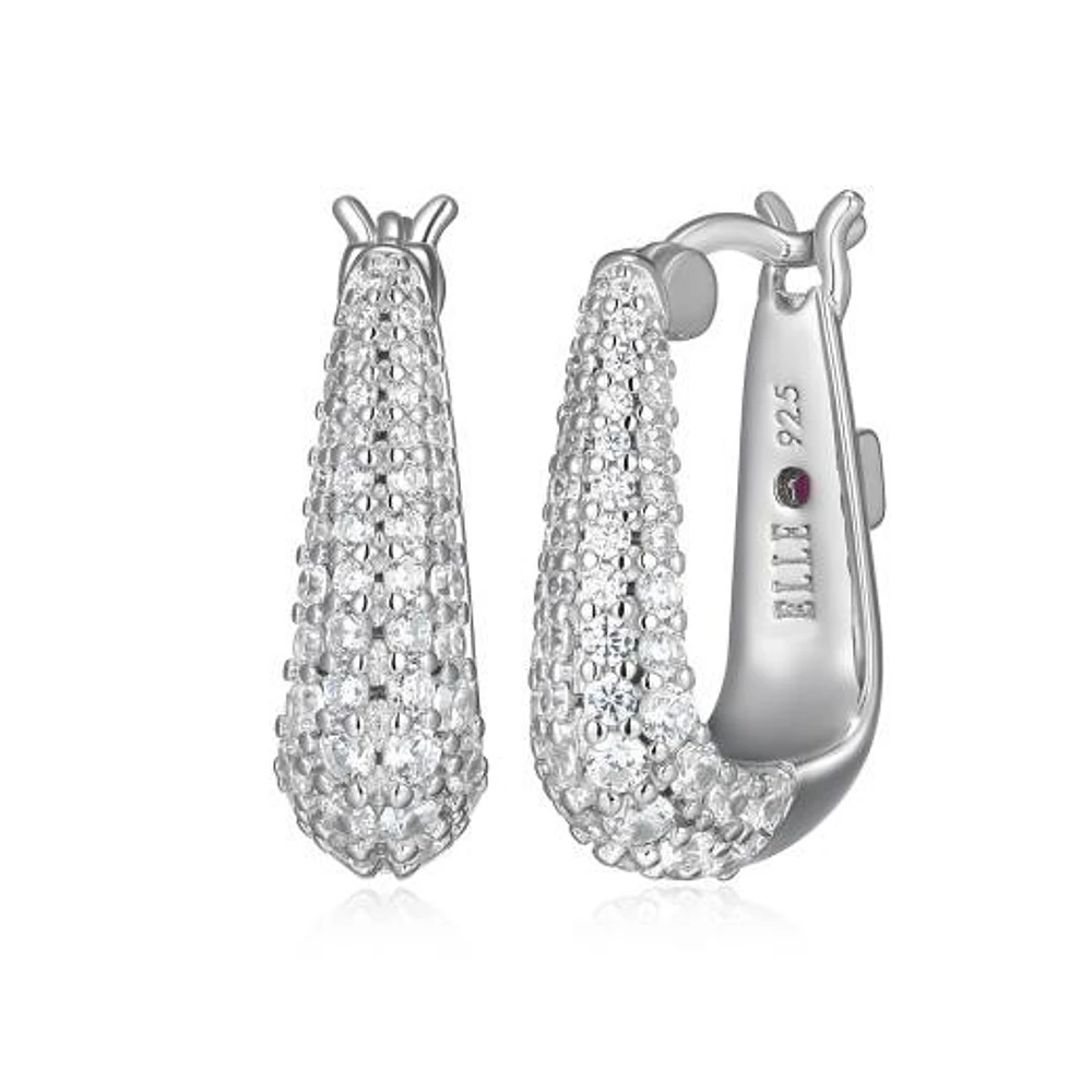 ELLE "Citadel" Rhodium Plated Cubic Zirconia Oblong Shape Hoop Earrings