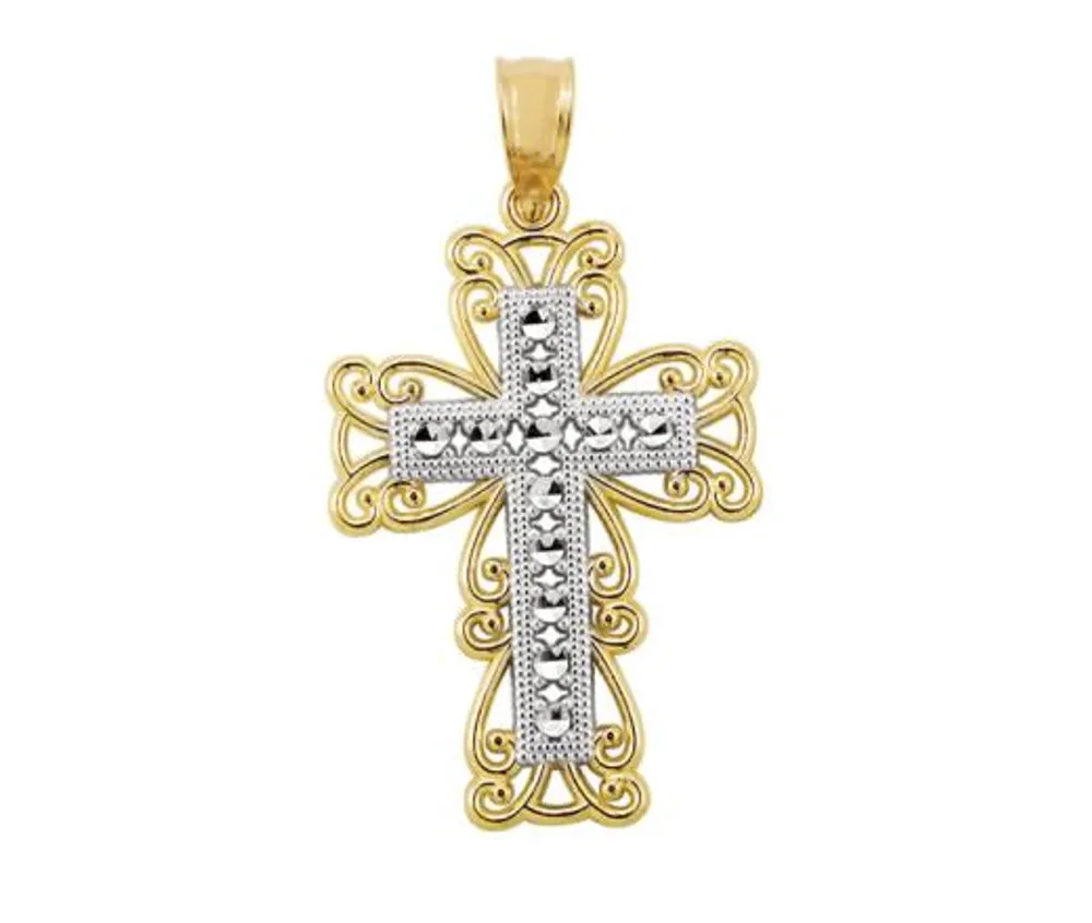 10K Two-Tone Gold Diamond Cut Filigree Cross