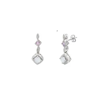 Sterling Silver Created Opal, Created Pink Sapphire & Diamond Earrings