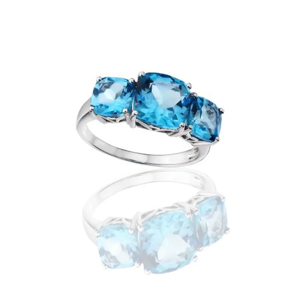 Three-Stone Cushion Cut Blue Topaz Ring