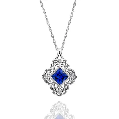 Square Sterling Silver Created Blue Sapphire & Diamond Pendant
