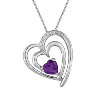 Sterling Silver Amethyst & Diamond Heart Pendant
