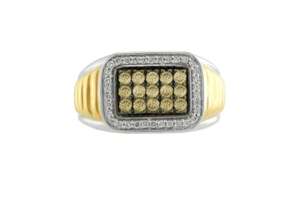 Sterling Silver 14k Gold Plated Champagne & White Diamond Men's Ring