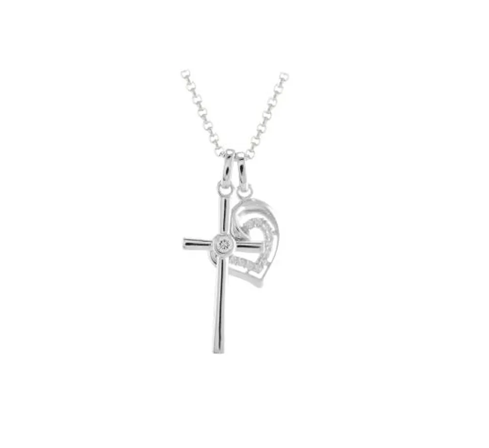 Sterling Silver Cubic Zirconia Cross & Heart 19" Pendant