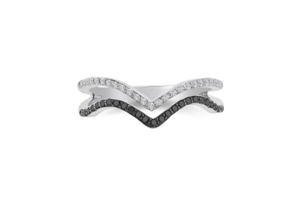 Sterling Silver Double " V" Midnight Diamond Ring