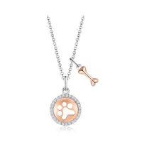 Sterling Silver Rose Plated Paw & Bone Cubic Zirconia Pendant