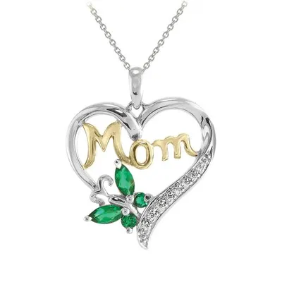 Sterling Silver Created Emerald & Created White Sapphire Mom Pendant