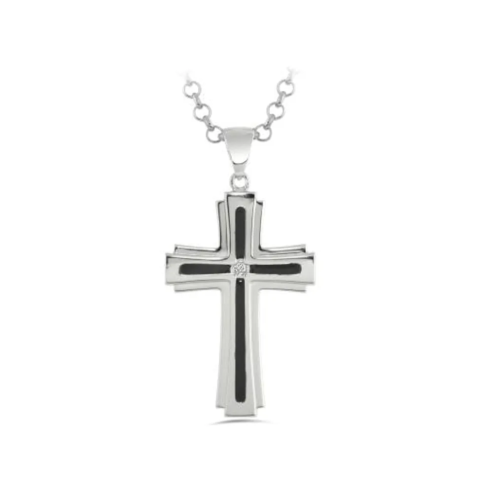 Sterling Silver Men's Cubic Zirconia Black Enamel Cross Necklace