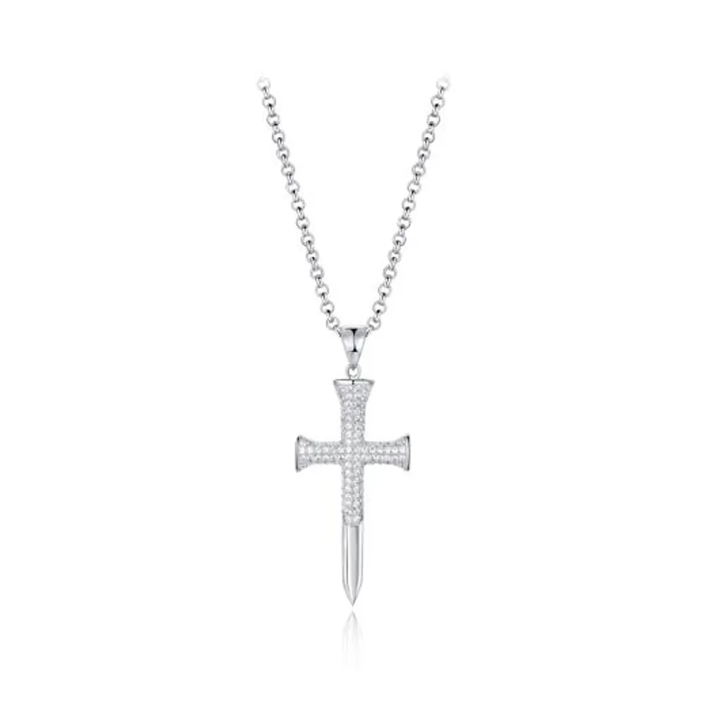 Sterling Silver Men's Cubic Zirconia Cross Pendant On Chain