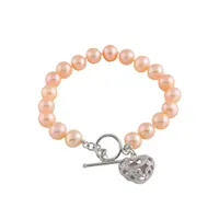 Sterling Silver Heart Charm Pink Pearl Bracelet