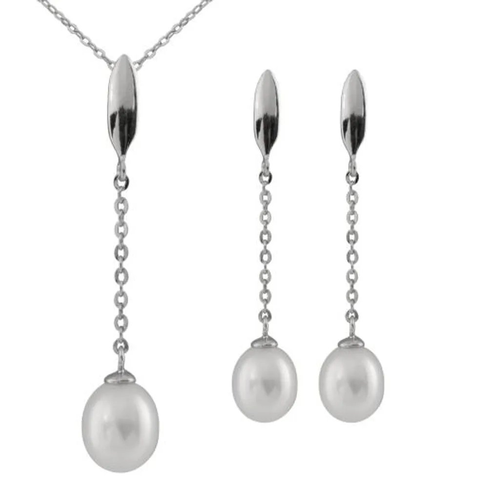 Dangling Silver Pearl 2 Piece Set