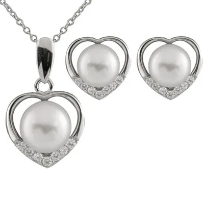 Heart Shaped Cubic Zirconia & Pearl 2 Piece Set