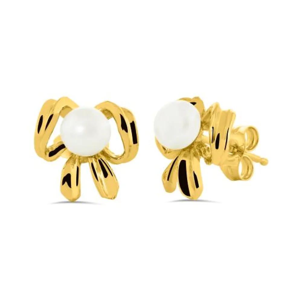 10K Yellow Gold Freshwater Pearl Bow Earrings 4-5mm