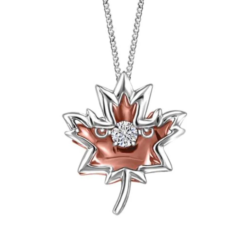 Glacier Fire 10K White & Rose Gold Maple Leaf Dancing Diamond Pendant