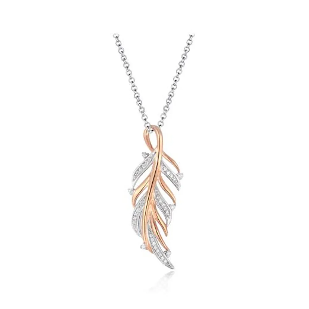 Sterling Silver Rose Plated Cubic Zirconia 19" Feather Pendant