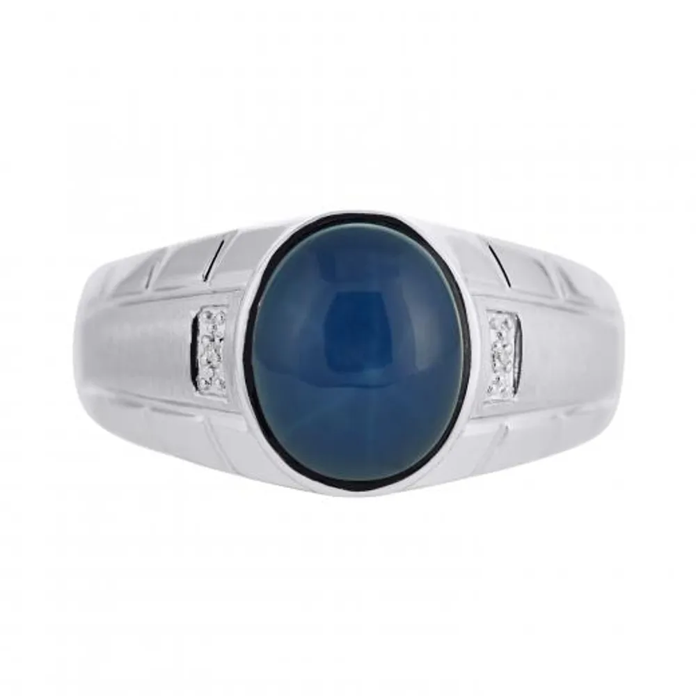 Sterling Silver Created Blue Star Sapphire & Diamond Ring