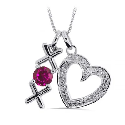 Sterling Silver Diamond & Ruby XO Heart Necklace