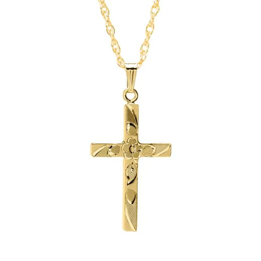 14K Yellow Gold Filled 18" Floral Engraved Cross