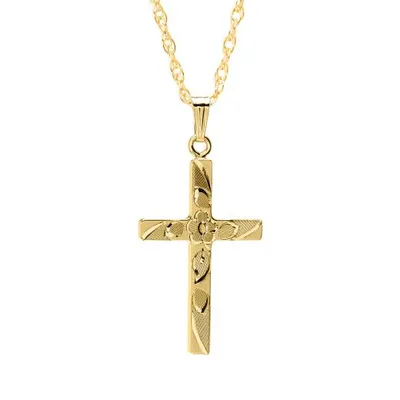 14K Yellow Gold Filled 18" Floral Engraved Cross
