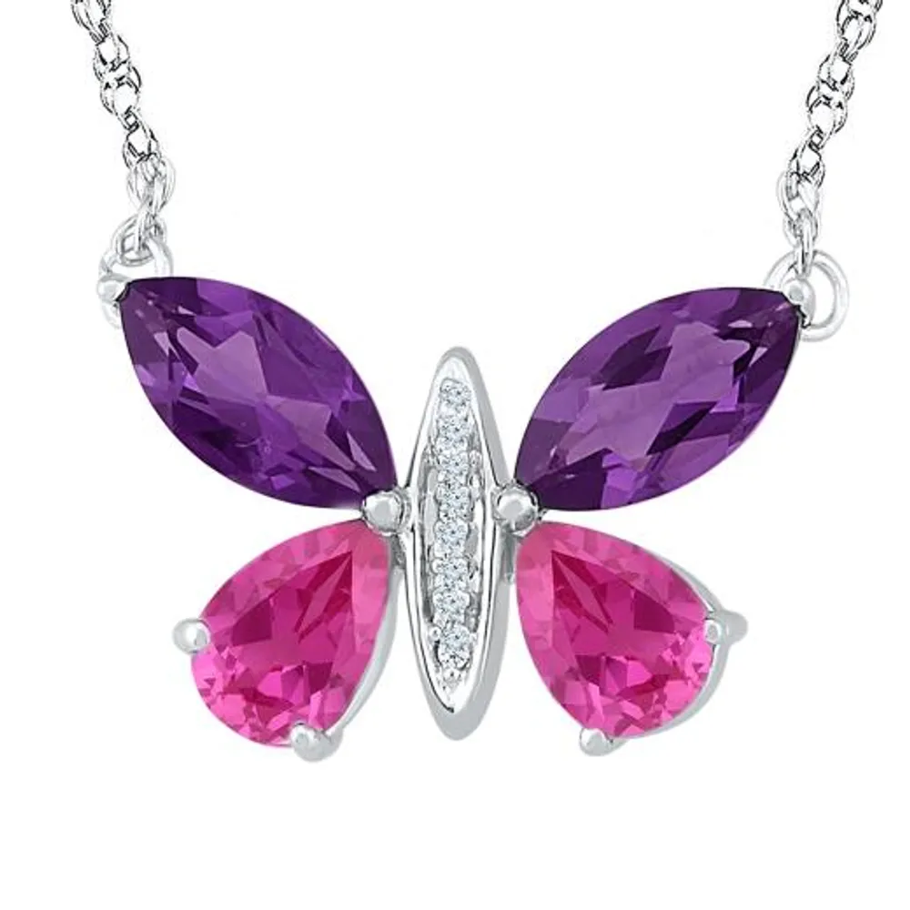 Sterling Silver Created Pink Sapphire, Amethyst, Diamond Butterfly Pendant